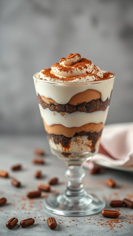 A delicious Coffee Tiramisu Parfait in a glass, layered with mascarpone and coffee-soaked ladyfingers, topped with cocoa powder.