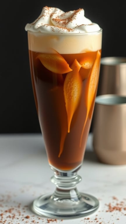 A glass of Iced Irish Coffee topped with whipped cream and cocoa powder, with a dark background.