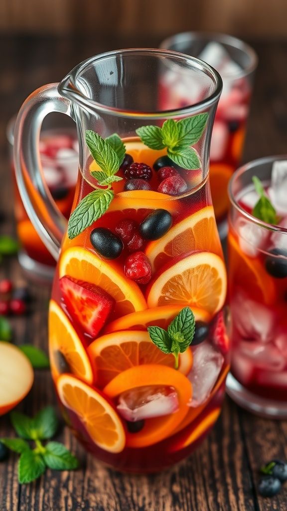 Refreshing Sangria with Fresh Fruits Recipe A pitcher of sangria with fresh fruits and herbs, served in glasses on a wooden table.