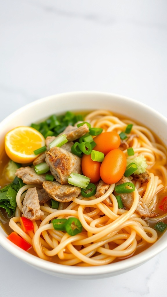 A bowl of Pancit Lomi with thick noodles, meat, vegetables, and a lemon slice.