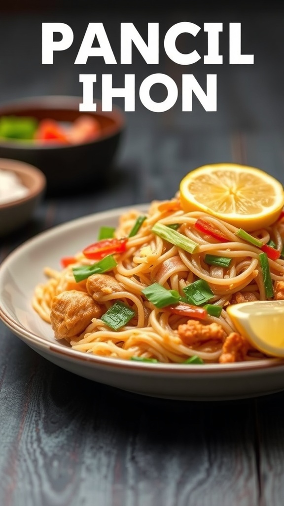 A plate of Pancit Bihon with rice noodles, vegetables, and lemon slices.