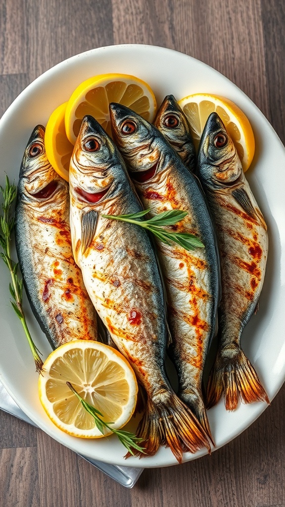 Grilled sardines on a plate with lemon slices and herbs