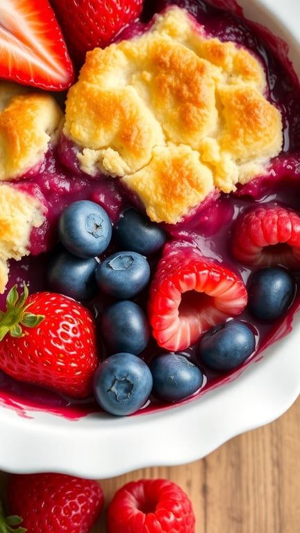A delicious mixed berry cobbler with strawberries, blueberries, and raspberries topped with a golden biscuit crust.