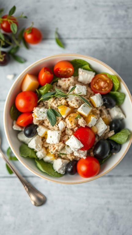 A bowl of Mediterranean Tuna Salad with spinach, cherry tomatoes, feta cheese, and olives.