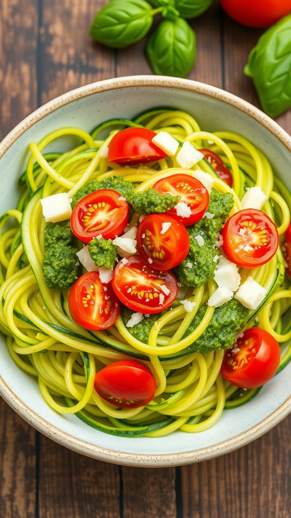 Zucchini Noodles with Pesto Recipe Zucchini noodles with pesto, garnished with cherry tomatoes and Parmesan cheese, served in a bowl on a wooden table.