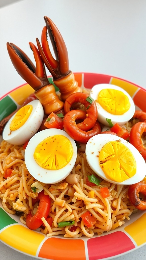 A colorful plate of Pancit Malabon with seafood, noodles, and hard-boiled eggs.