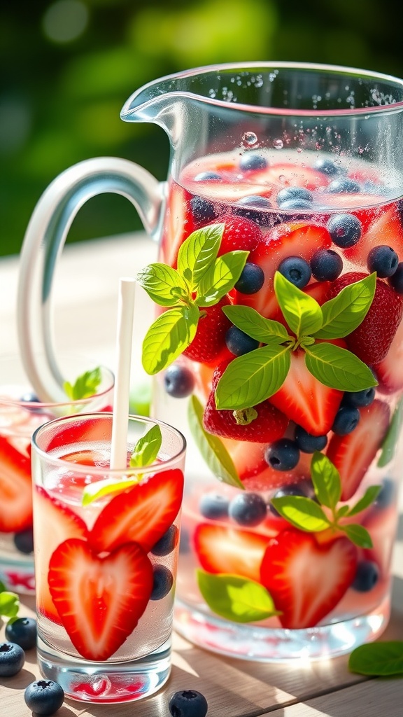 A pitcher of berry basil infused water with strawberries, blueberries, and basil leaves, served in glasses.