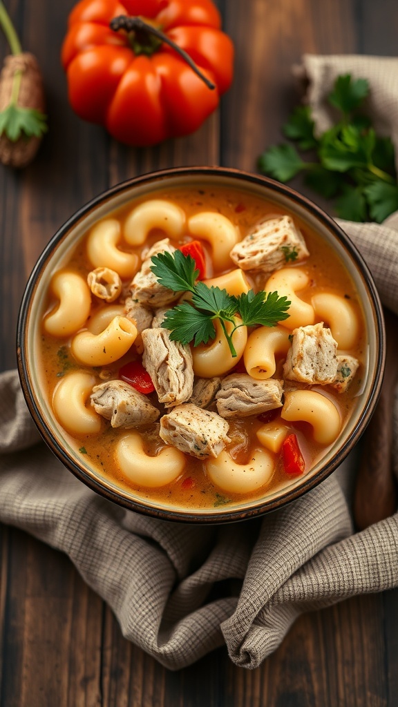 A bowl of creamy noodle soup with macaroni, chicken, and vegetables.