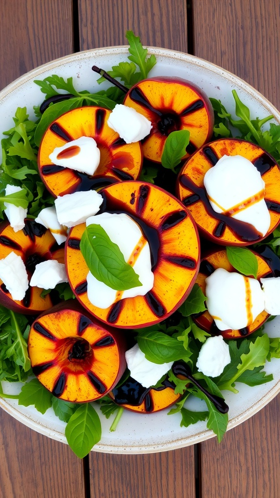 Grilled Peach and Burrata Salad Recipe Grilled peach and burrata salad with arugula, balsamic glaze, and basil on a rustic table.