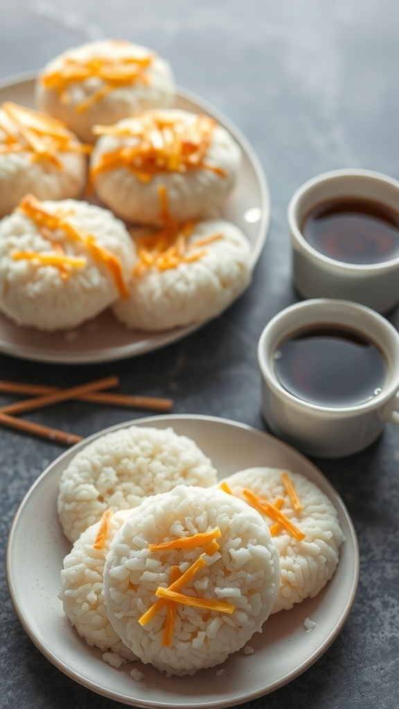 A plate of puto, steamed rice cakes topped with cheese, alongside cups of coffee.