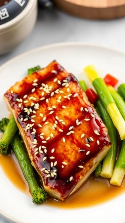 Plate of teriyaki glazed mahi mahi with sesame seeds and green vegetables