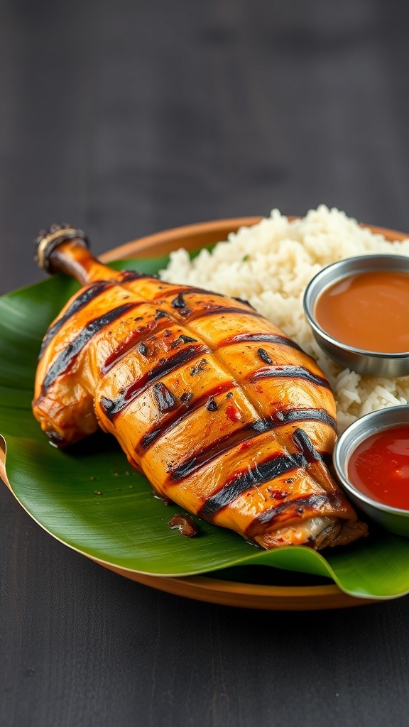 A plate of grilled Chicken Inasal served with rice and dipping sauces.