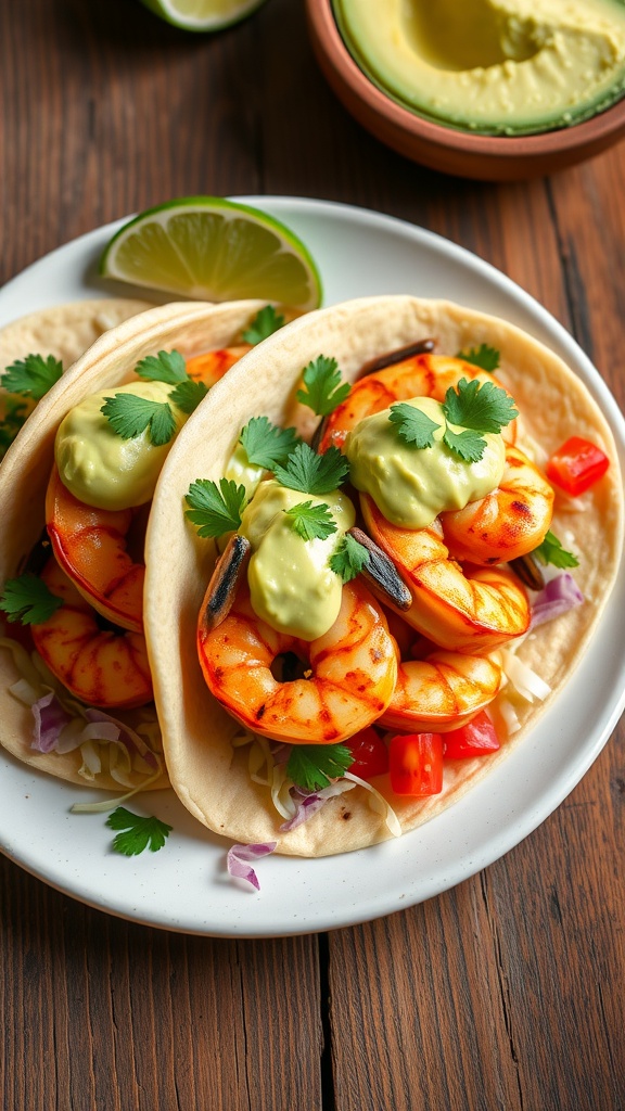Grilled shrimp tacos with avocado crema, garnished with cilantro and lime, on a wooden table.