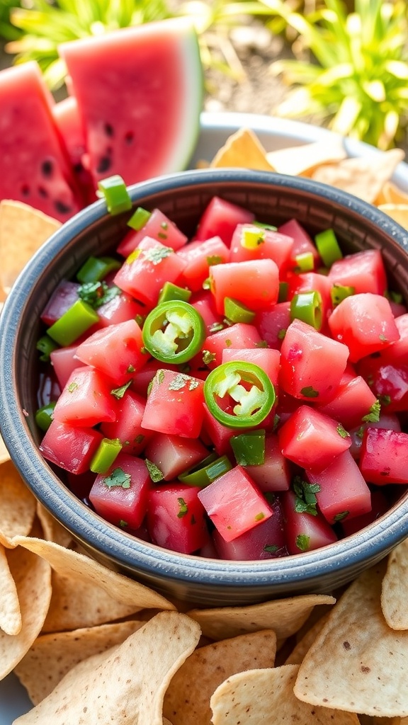 A colorful bowl of watermelon salsa with jalapeños and cilantro, served with tortilla chips.