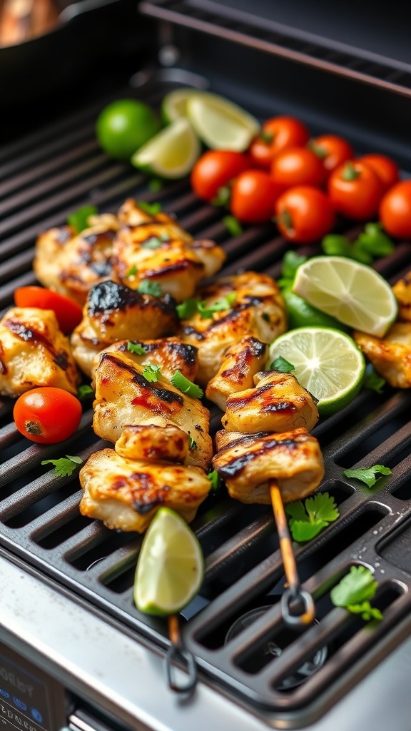 Grilled chicken skewers with honey lime marinade, garnished with lime wedges and cherry tomatoes on a grill.