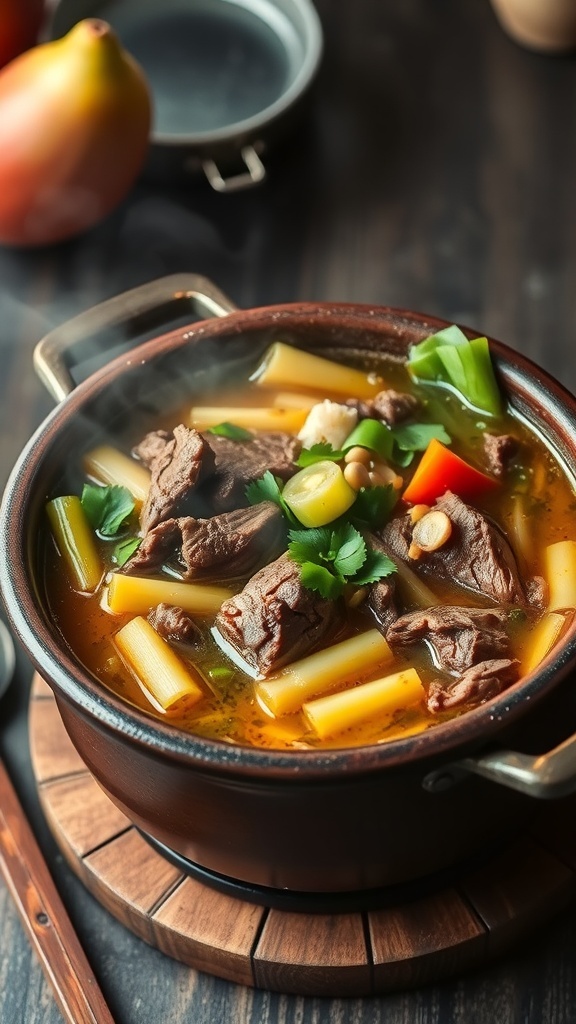 A steaming pot of Nilagang Baka, showcasing tender beef and vibrant vegetables in a rich broth.