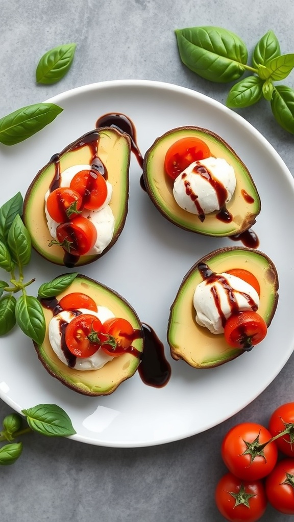 A plate of avocados stuffed with mozzarella, cherry tomatoes, and drizzled with balsamic glaze.