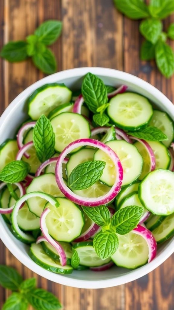 Refreshing Cucumber Mint Salad Recipe A refreshing cucumber mint salad with cucumbers, mint, and red onion in a bowl on a wooden table.