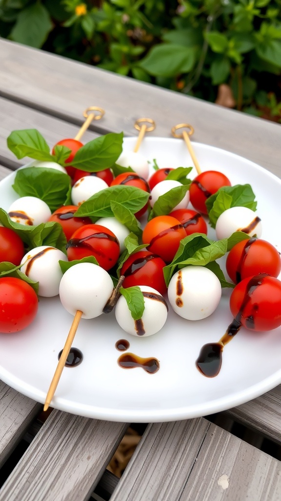 A plate of Caprese skewers with cherry tomatoes, mozzarella balls, and basil leaves.