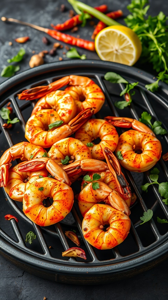 Grilled shrimp marinated in tandoori spices, garnished with herbs and lemon on a grill.