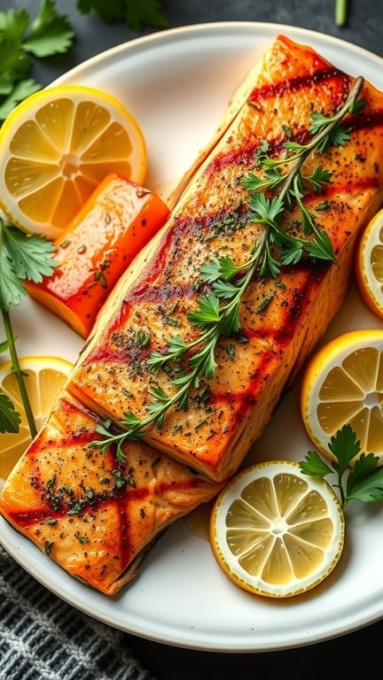 Grilled salmon fillets garnished with herbs and lemon slices on a plate