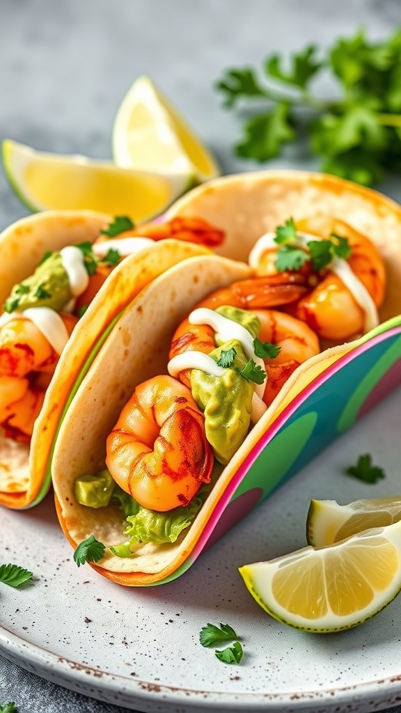 Grilled shrimp tacos with avocado crema, garnished with cilantro and lime slices on a plate.