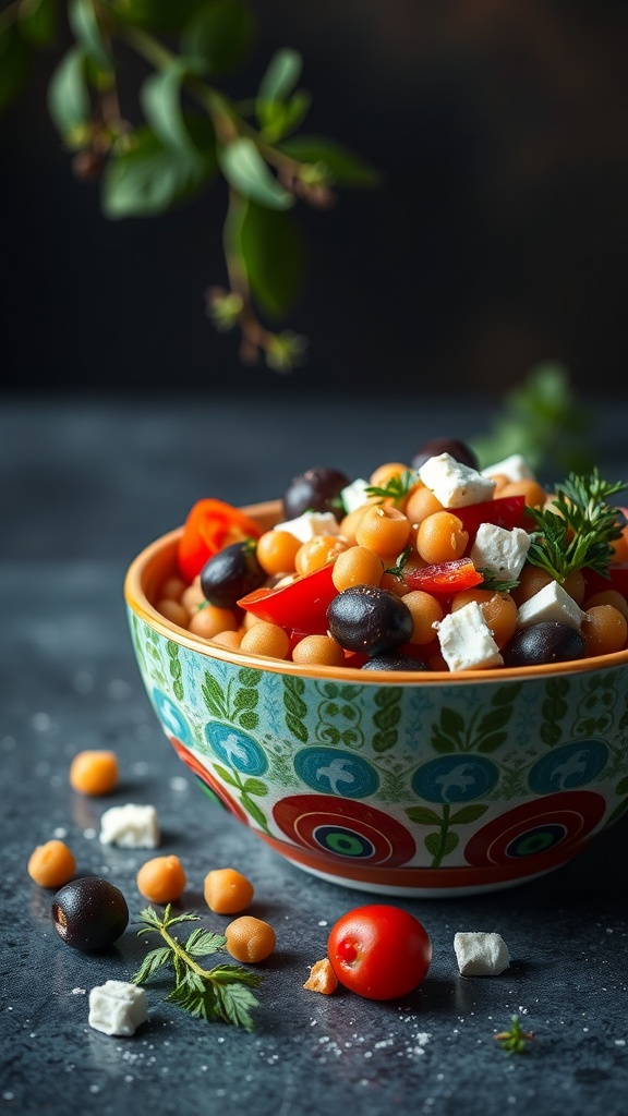 A vibrant Mediterranean Chickpea Salad in a decorative bowl with chickpeas, olives, red peppers, and feta cheese.