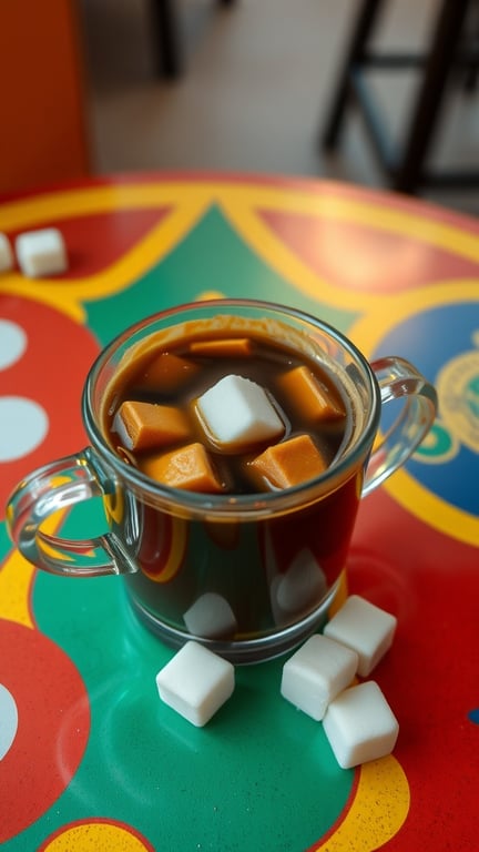 A glass of Brazilian Cafezinho with sugar cubes on a colorful table