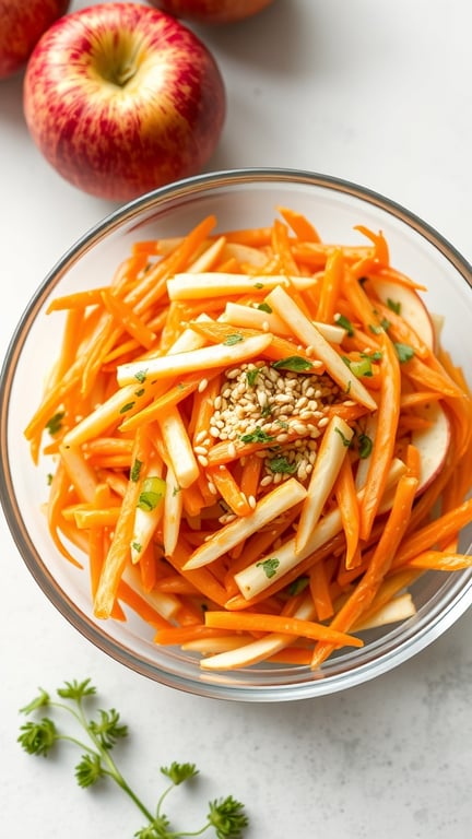 A bowl of carrot and apple slaw with sesame seeds, surrounded by fresh apples.
