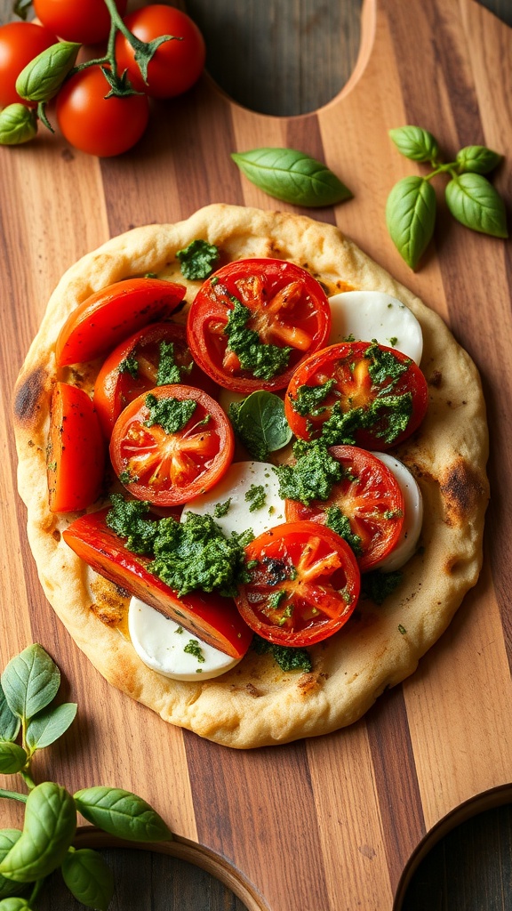 Roasted tomato and mozzarella flatbread on a wooden board with fresh basil and cherry tomatoes.
