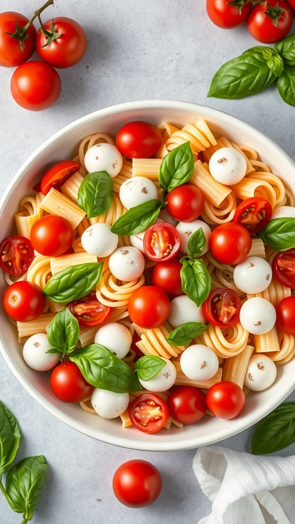 A bowl of Caprese pasta salad with cherry tomatoes, mozzarella balls, and fresh basil.