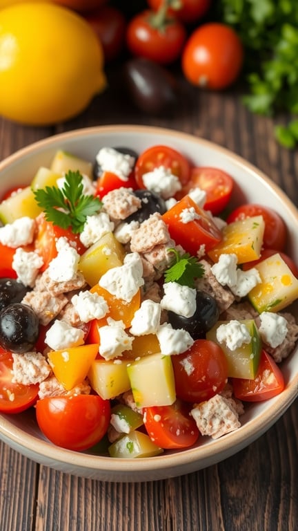 Mediterranean tuna salad with olives, feta, tomatoes, and cucumbers in a bowl on a wooden table.