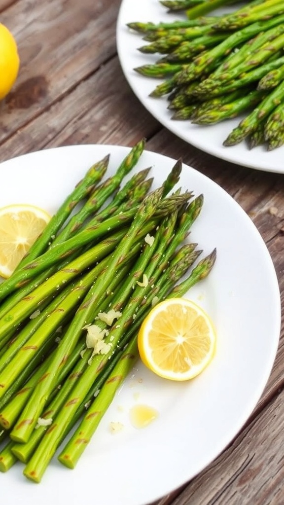 Lemon Garlic Grilled Asparagus Recipe Grilled asparagus with lemon and garlic on a plate, garnished with lemon slices, on a rustic table.