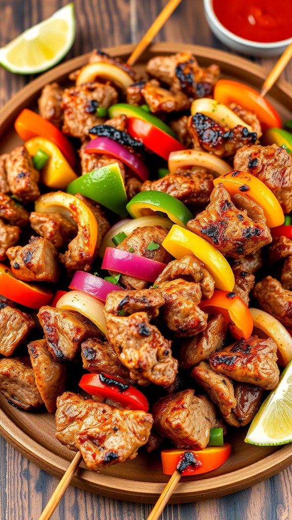 Sizzling Fajita Skewers Recipe Grilled fajita skewers with steak, chicken, bell peppers, and onions on a wooden table with lime wedges and dipping sauce.