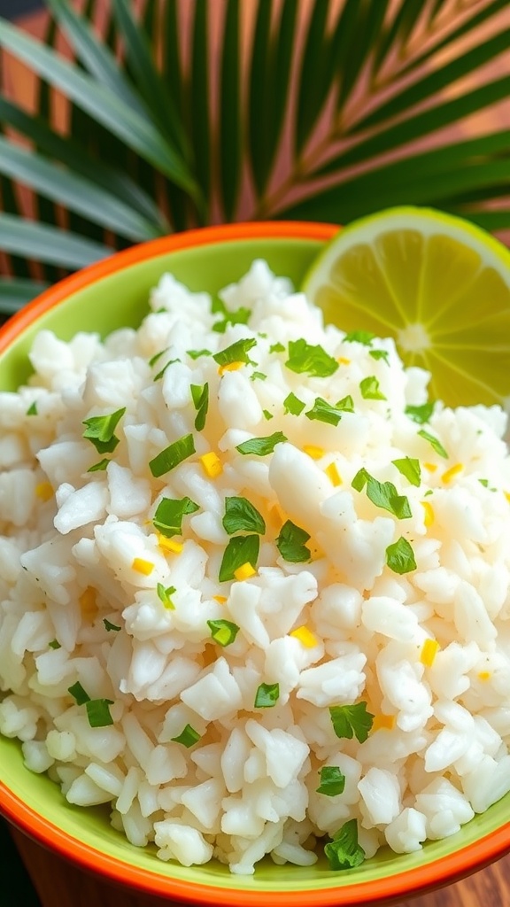 Coconut Lime Rice Recipe A bowl of coconut lime rice garnished with lime zest and cilantro, set against a tropical background.