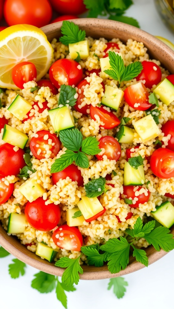 A colorful Mediterranean herbed quinoa salad with tomatoes, cucumber, and herbs in a rustic bowl.