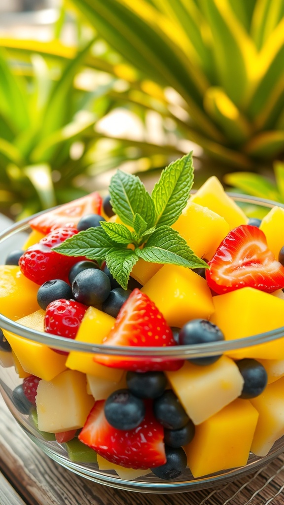 Refreshing Tropical Fruit Salad Recipe A colorful tropical fruit salad with pineapple, mango, kiwi, strawberries, and blueberries, garnished with mint leaves.