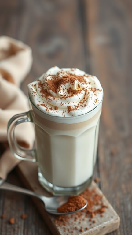 A glass of Dalgona coffee topped with whipped cream and cocoa powder