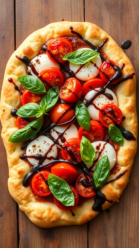 Crispy roasted tomato and mozzarella flatbread garnished with basil and balsamic glaze on a wooden table.
