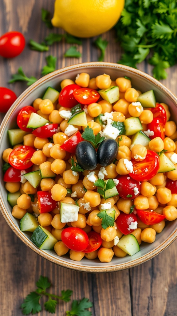 Refreshing Mediterranean Chickpea Salad Recipe A bowl of Mediterranean chickpea salad with cucumbers, tomatoes, parsley, olives, and feta cheese, garnished with lemon.