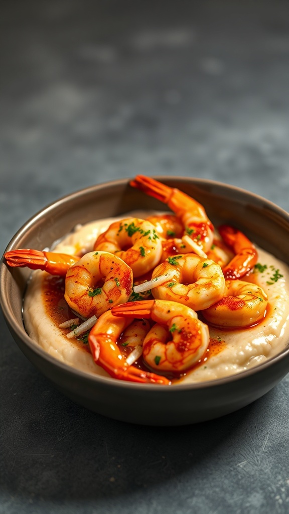 A bowl of smoky barbecue shrimp served over creamy grits, garnished with fresh herbs.