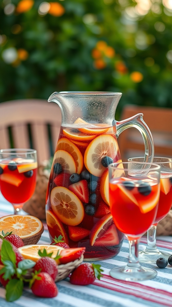 A pitcher of sangria filled with fresh fruits like strawberries, oranges, and blueberries, served with glasses on a table.