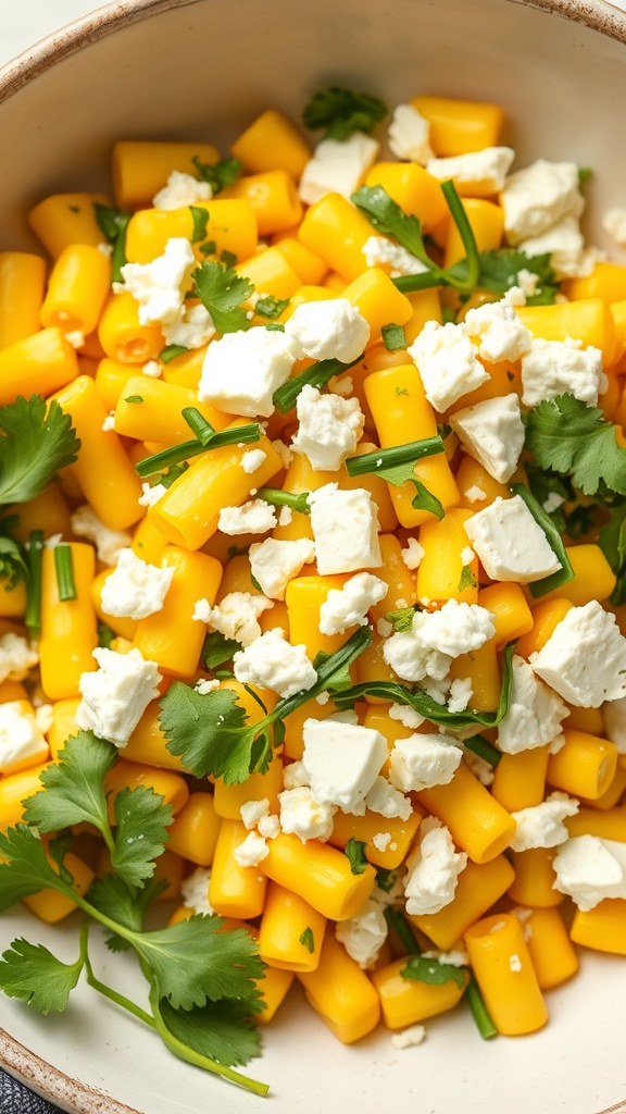 A bowl of sweet corn salad with feta cheese, cilantro, and green onions.