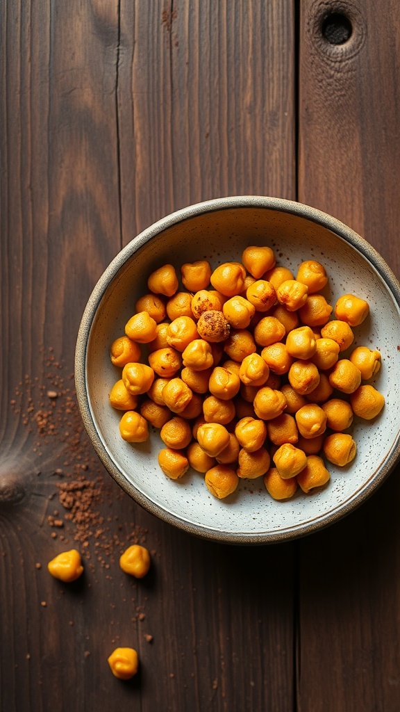A bowl of turmeric-infused roasted chickpeas on a wooden surface.