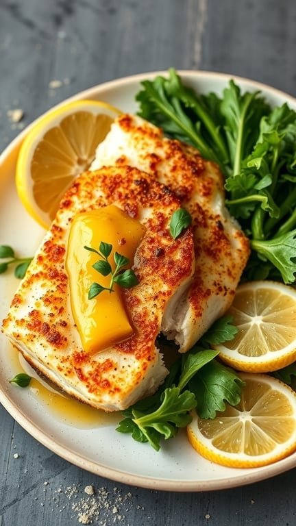Crispy baked cod fillet with garlic butter, garnished with lemon slices and fresh greens.
