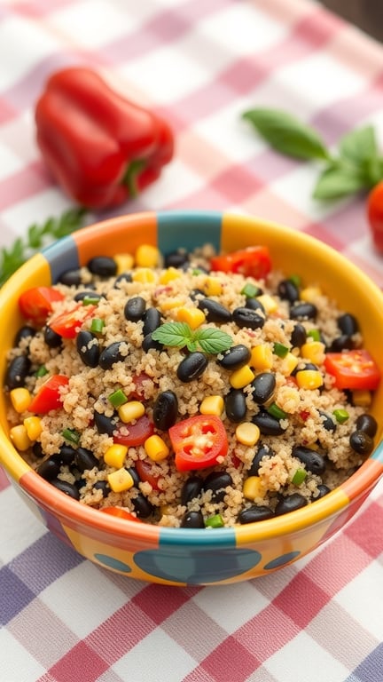 A colorful bowl of quinoa salad with black beans, corn, and diced bell peppers on a checkered tablecloth.