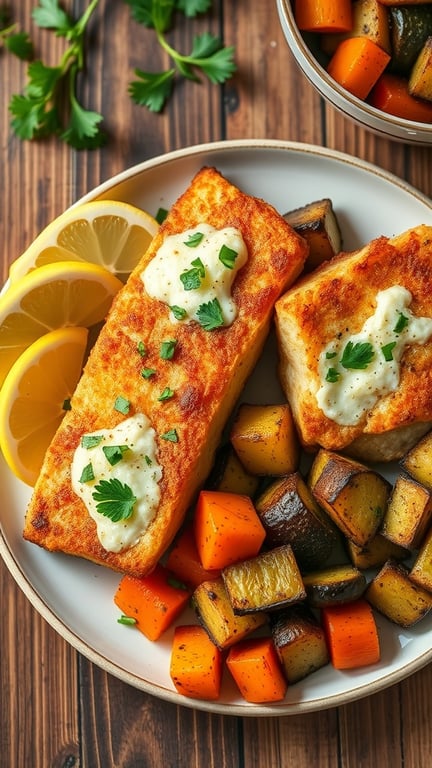 Crispy baked cod fillets garnished with parsley and lemon wedges, served with roasted vegetables on a rustic table.
