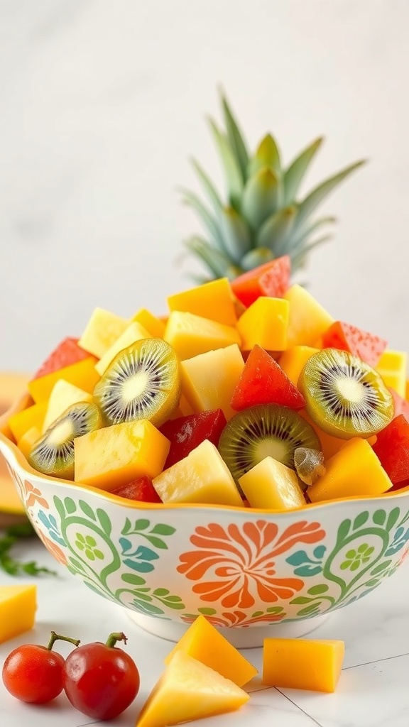 A colorful bowl of tropical fruit salad featuring mango, pineapple, kiwi, and watermelon.