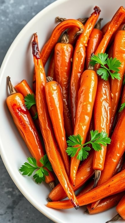 A bowl of honey-glazed roasted carrots garnished with parsley.