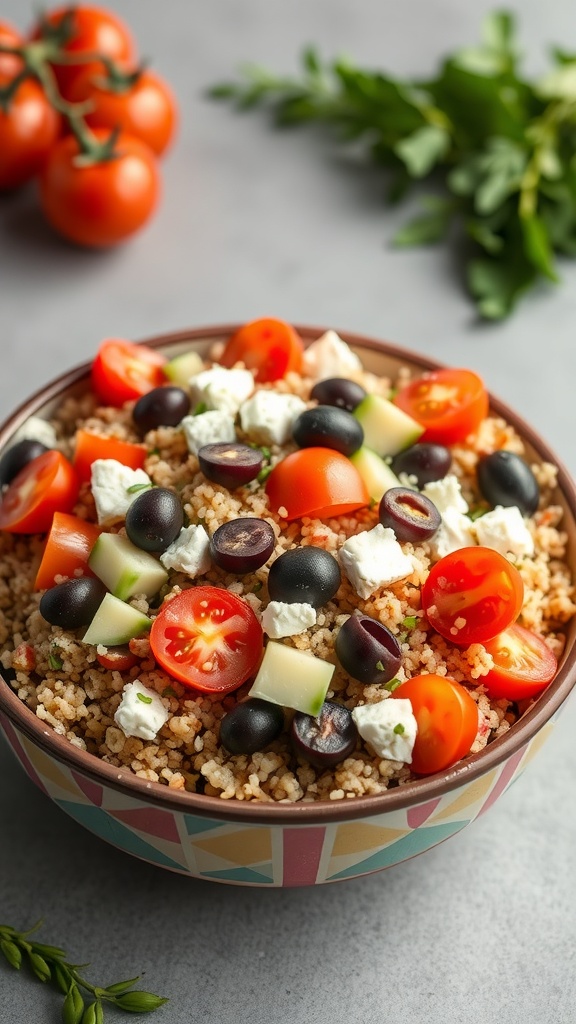 A colorful bowl of Mediterranean quinoa salad with tomatoes, cucumbers, olives, and feta cheese.